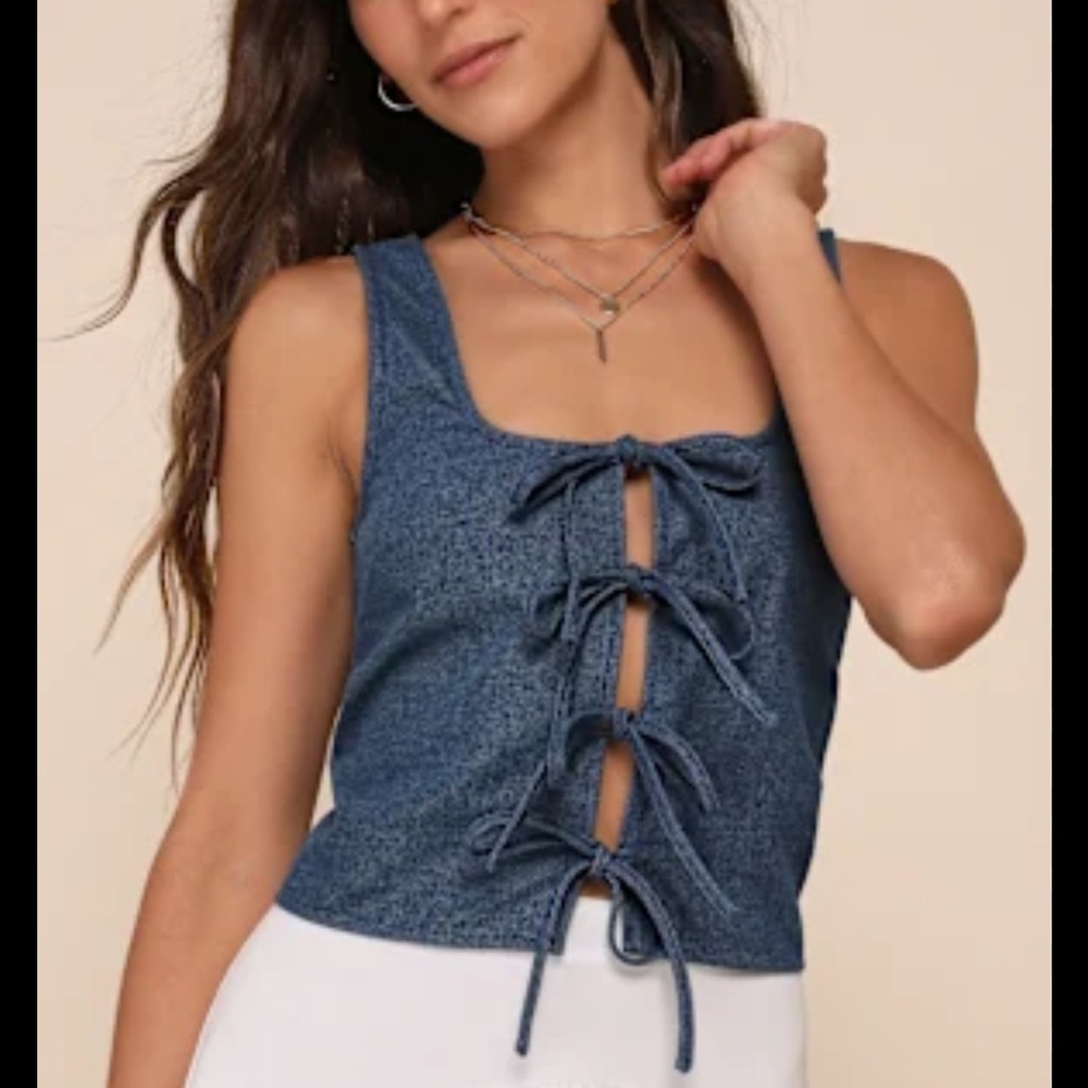 Lulu's Darling Outfit Dark Wash Denim Bow-Front Sleeveless Crop Top